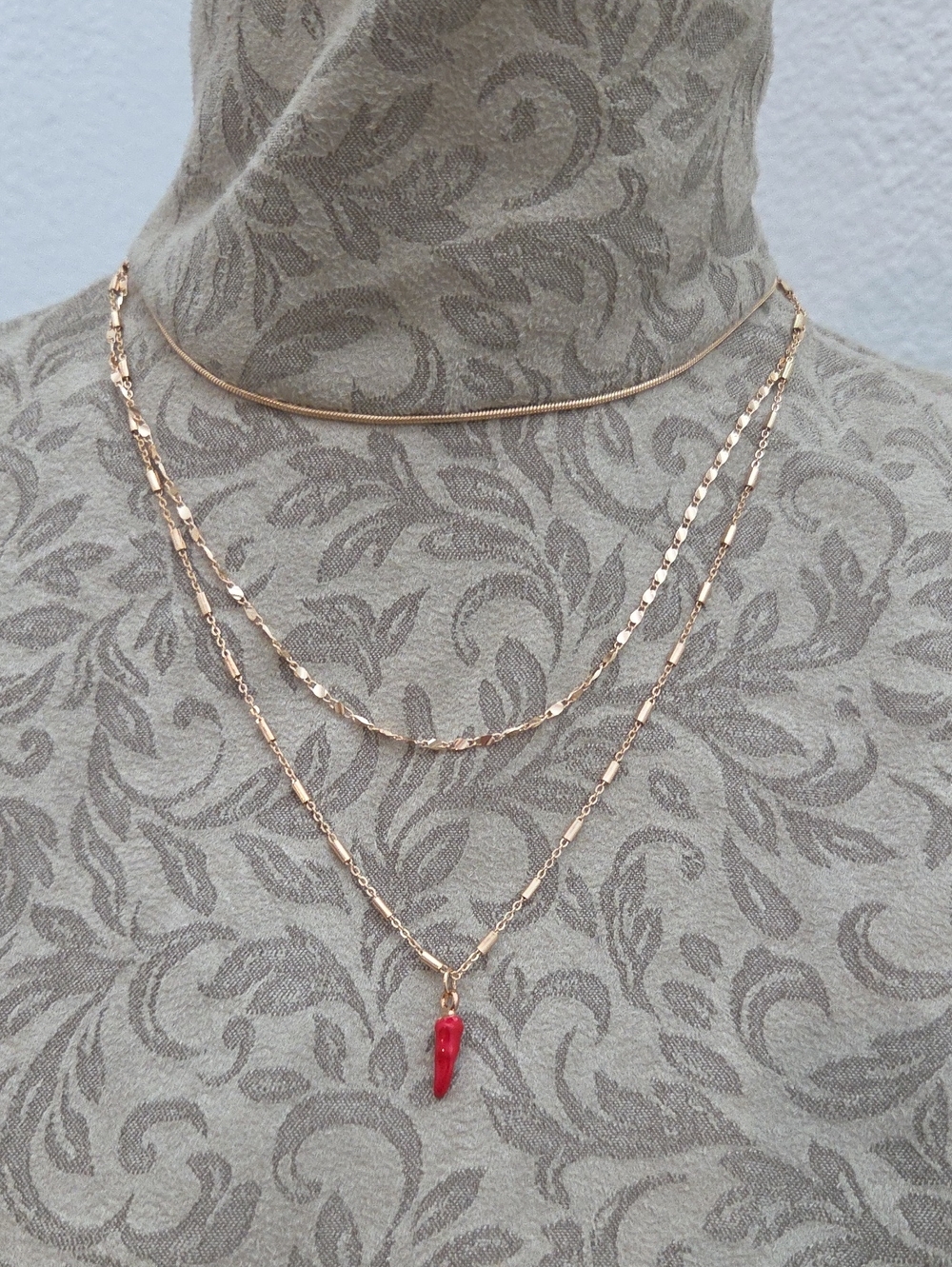 Layered Gold Tone Necklace with Red Chili Pepper Pendant